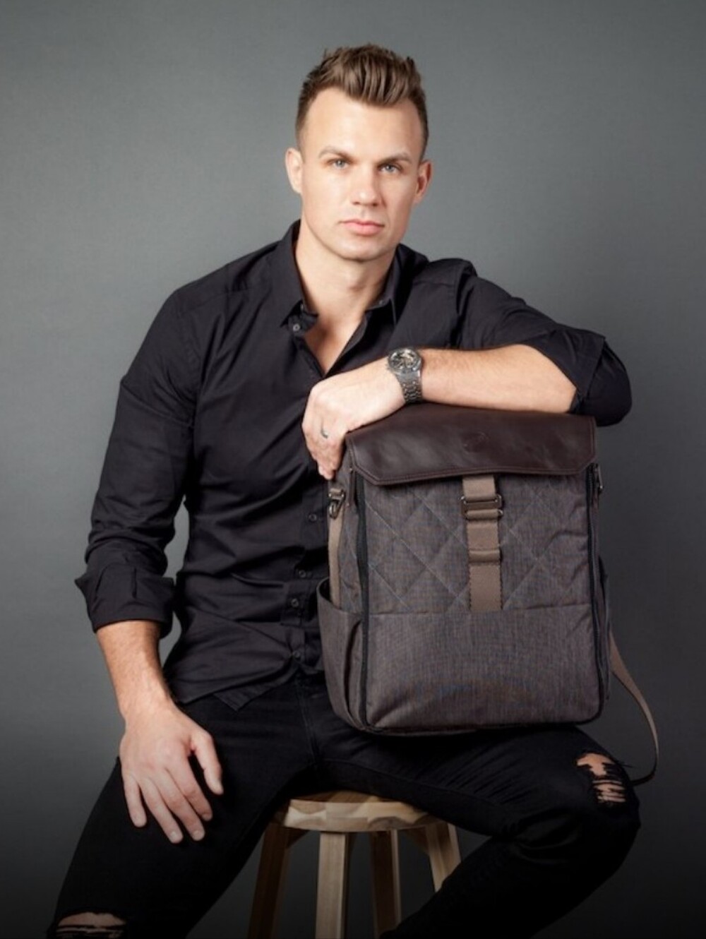 Men's Paperclip Diaper Bag Quilted Dark Brown Backpack with Flap Closure